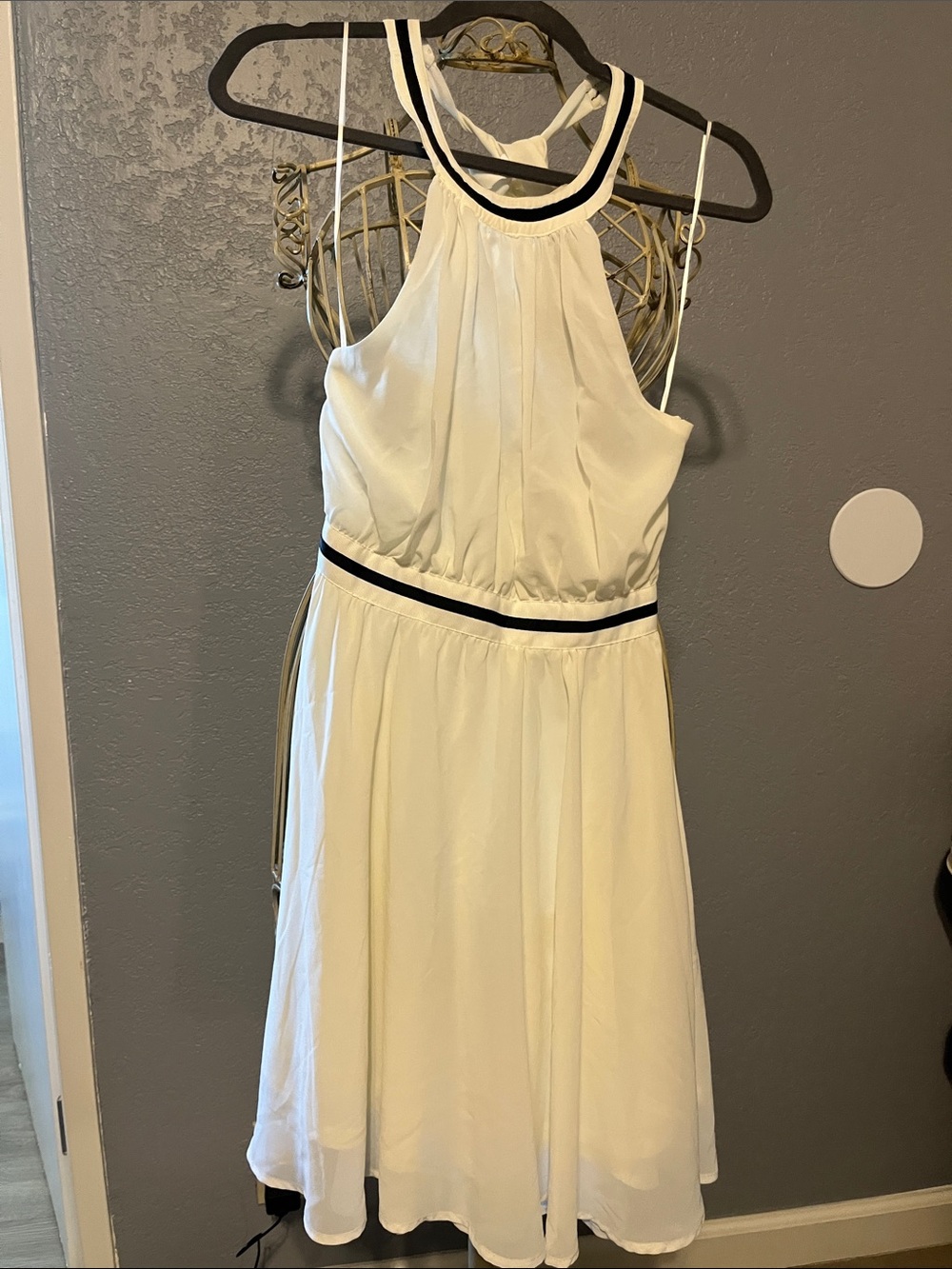 Charming Charlie White Halter Midi Dress with Black Trim